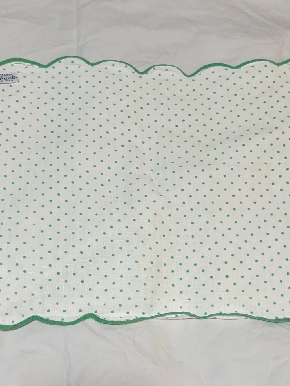 Vtg D Porthault White & Green Polka Dots Design Lin 100% Flax Placemat Napkin